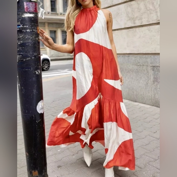 H&M Voluminous maxi dress back tie red/orange/white watermarks NO LOW BALLING!! - Picture 4 of 12